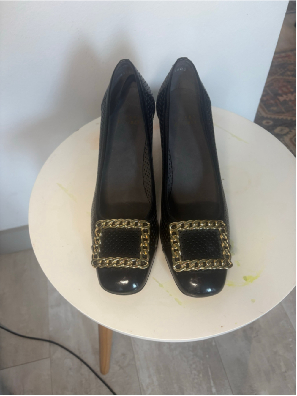 Stuart Weitzman Black Leather Chain Buckle Pumps Square Toe Heels 7